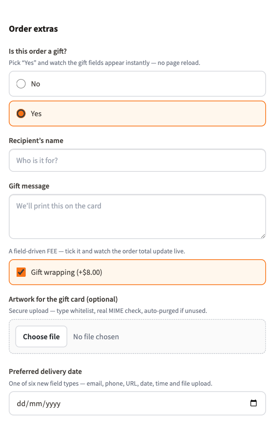 A gift-wrapping checkbox with a fixed fee inside a conditional gift section at the WooCommerce checkout
