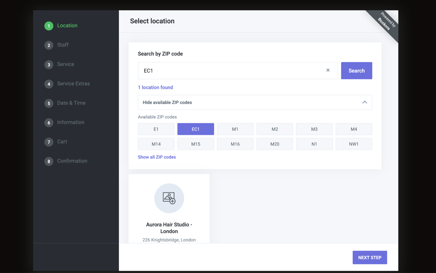 Booknetic booking panel with a Search by ZIP code box — entering EC1 finds the matching branch