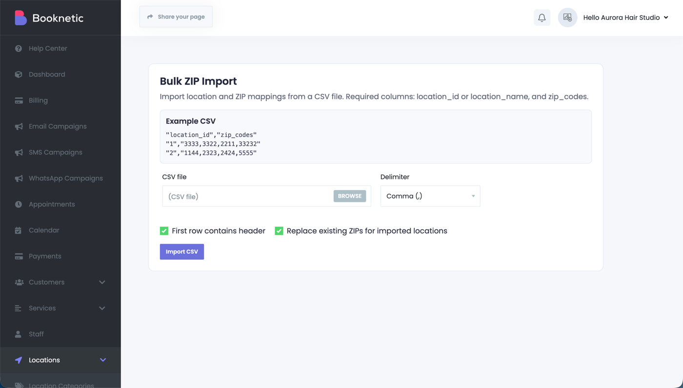 Bulk ZIP Import in Booknetic — mapping locations to ZIP codes from a CSV file