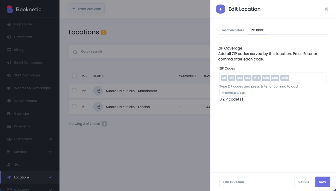 Assigning ZIP codes to a Booknetic location in the ZIP Code tab of the location editor