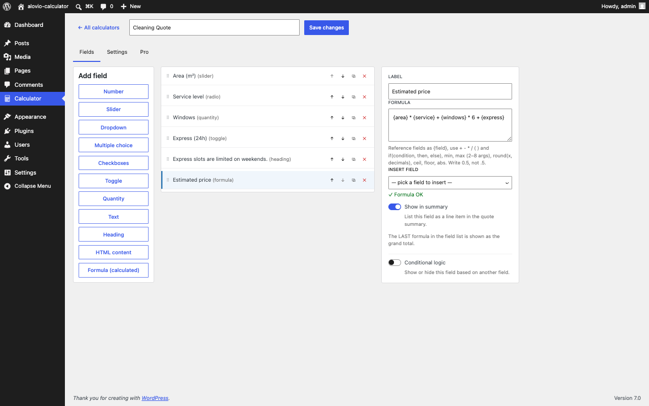 The drag-and-drop builder with a formula field being validated live