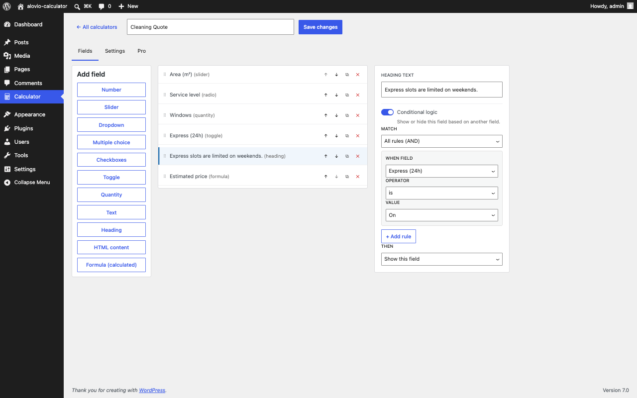 The conditional logic editor showing show/hide rules between fields