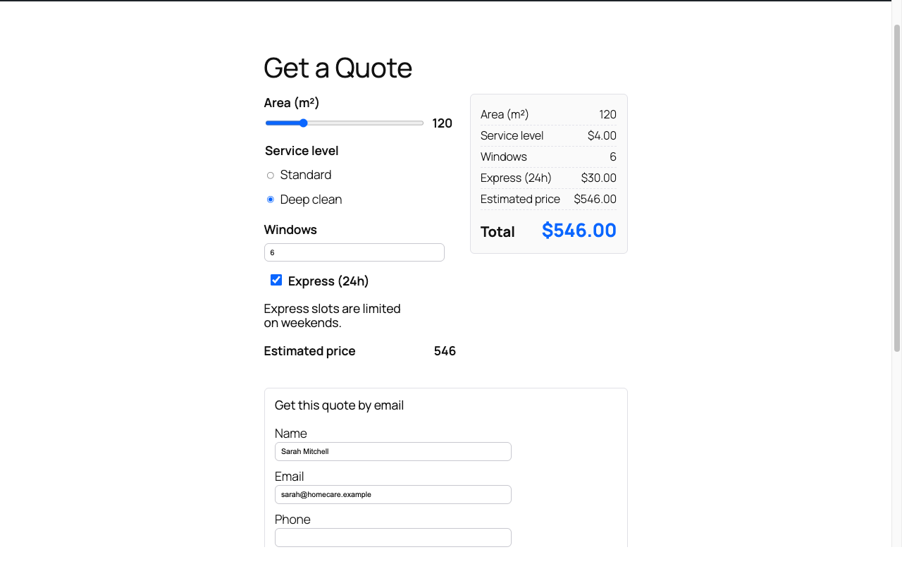 A cleaning price calculator on the front end with a sticky quote summary showing a live total