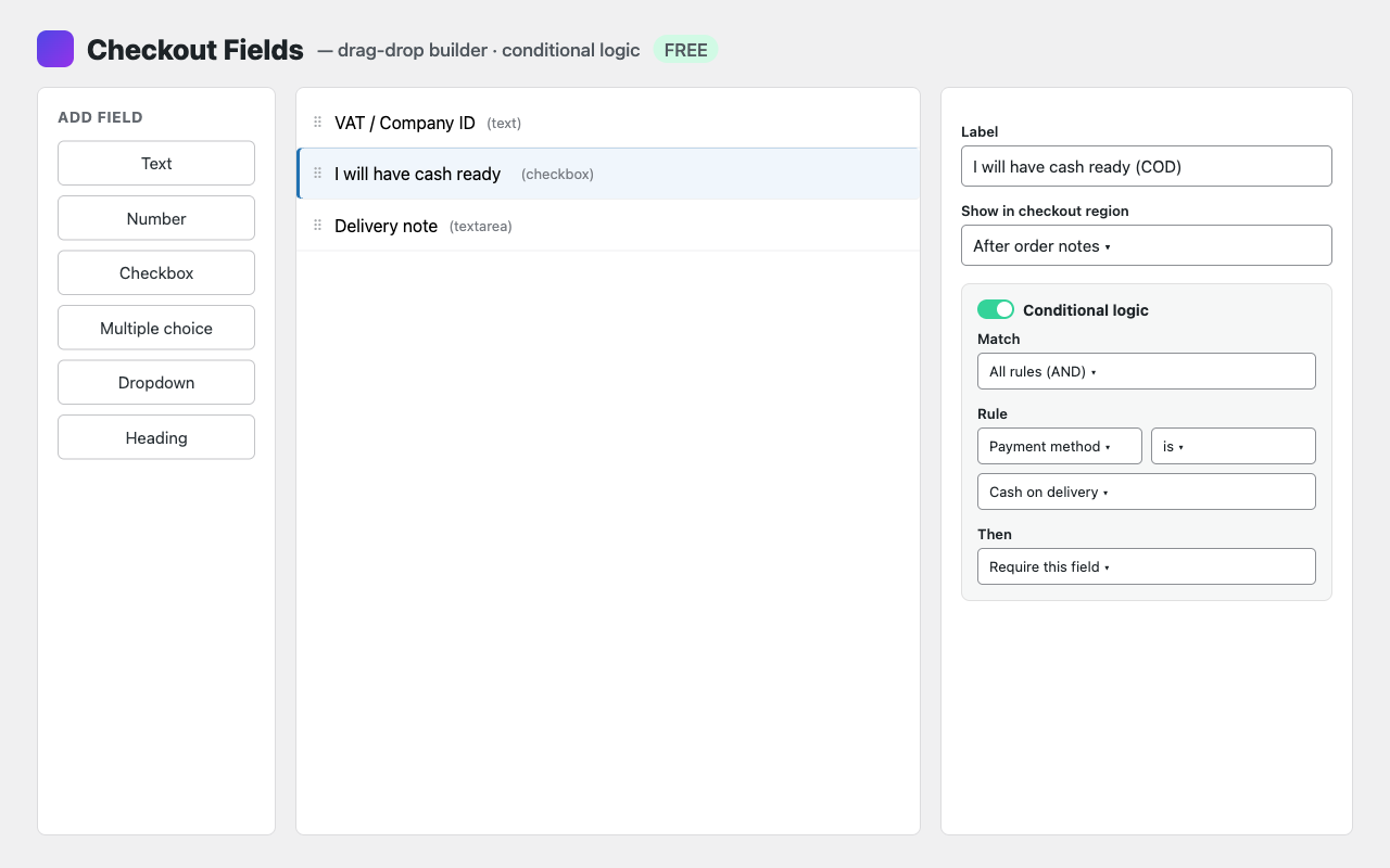 The drag-and-drop checkout-field builder with the conditional-logic editor open