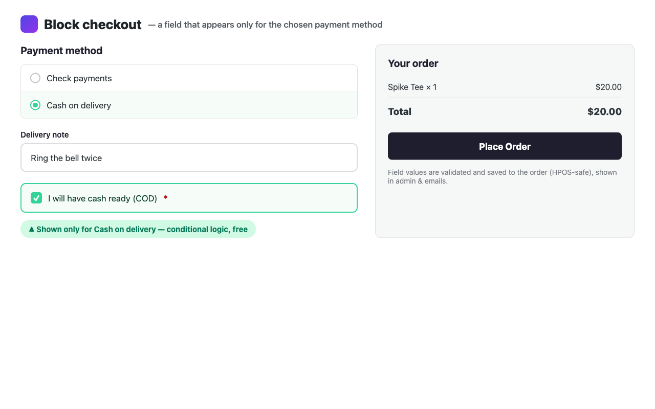 A conditional field appearing on the Block checkout based on the selected payment method