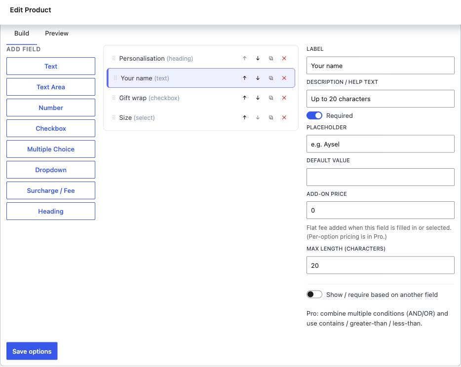 The drag-and-drop product options builder with live preview