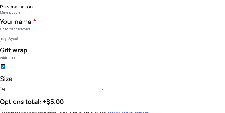 A product page with paid add-ons and a live options total